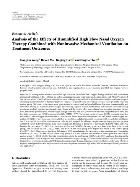 Effect of Humidified Oxygen Therapy with Xiexiang Formula on .